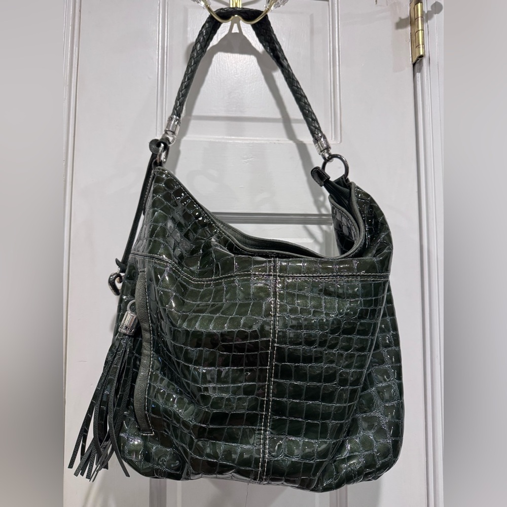 Vintage Genuine Brighton Green Hobo Bag, patten leather, croc embossed.